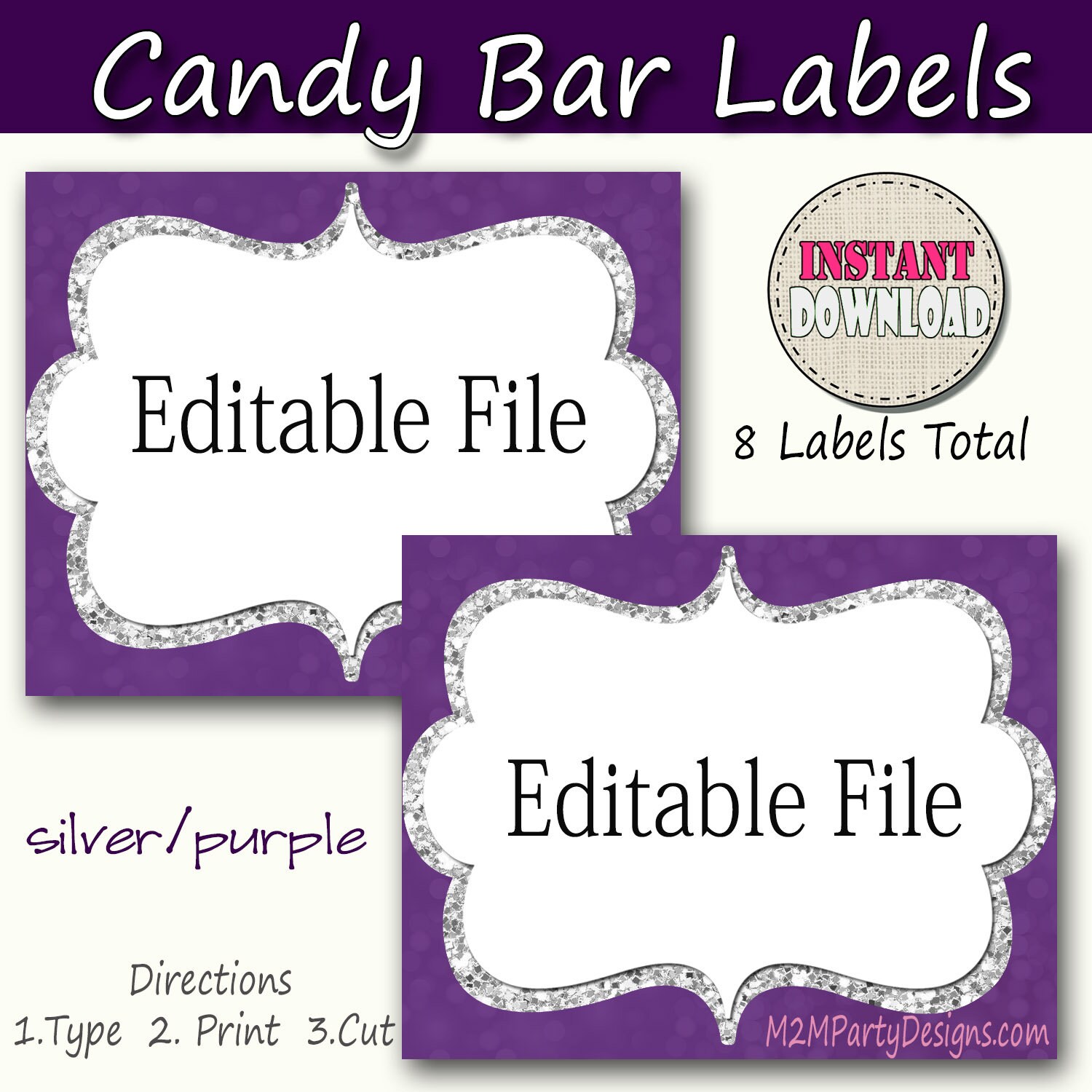 Candy Buffet Labels Purple, silver Print EDITABLE Card, Candy, Popcorn, Snack, Ice Cream, Cookie Buffet Labels, Instant Download