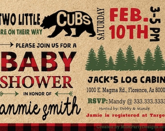 Bear Lumberjack TWIN Baby Shower Party. Rustic Style. Plaid Baby Shower Invitation. Printable Digital File