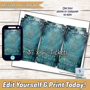 May include: A digital download featuring "Enchanted Forest Prom" tickets, 3" x 6" (7.6 cm x 15.2 cm), with a teal and gold color scheme. The image includes a smartphone displaying the ticket design and text that reads "Edit Yourself & Print Today!"