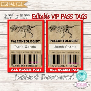 Dinosaur Party VIP Pass, Digital, Instant Download, SET of 27, EDITABLE Science Party Paleontologist Red Name Tag