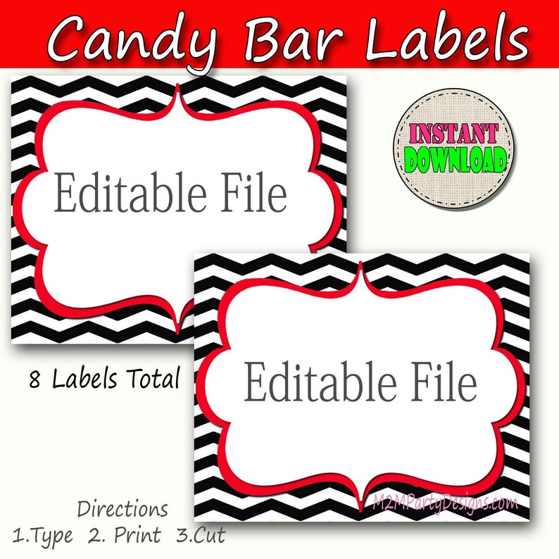 candy buffet labels chevron red black print editable card etsy