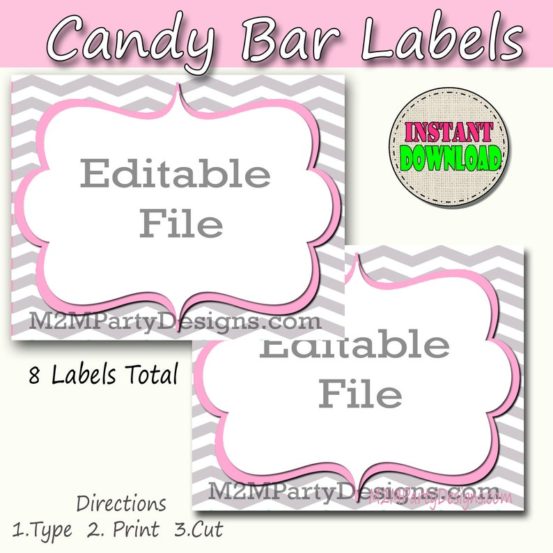 candy buffet labels chevron pink print editable card custom etsy