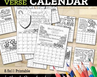 Calendario infantil de versículos bíblicos 2026, calendario cristiano para colorear, páginas de las Escrituras para colorear, descarga instantánea