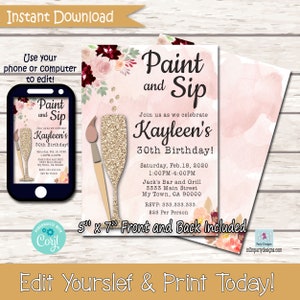 Paint and Sip Invitation: Editable Birthday, Bridal Shower Template (PDF)