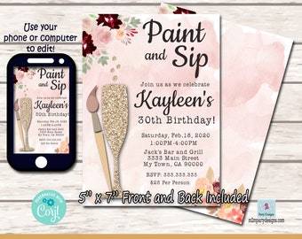 Paint and Sip Invitation, Birthday, Bridal Shower, Wine and Painting virtual Party printable template, INSTANT DOWNLOAD editable pdf