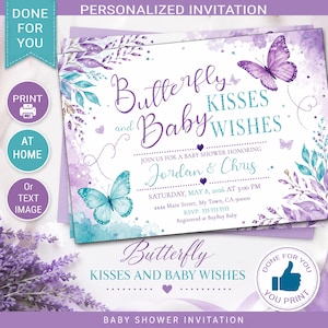 Butterfly Kisses and Baby Wishes Invitation for Baby Shower Purple Teal DONE FOR YOU