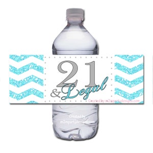 21 and Legal Birthday Water Bottle Wrapper Napkin Rings Printable Digital Instant Download  SET of 5 Sliver and Turquoise