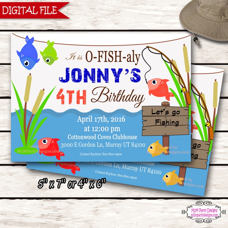 Fishing Birthday Party Invitations Fish Themed Invite Wood Etsy