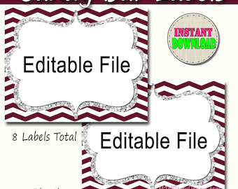 Candy Buffet Labels  Chevron Burgundy Print EDITABLE Card, Custom Candy, Popcorn, Snack, Ice Cream, Cookie Buffet Labels, Instant Download
