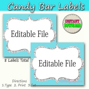 Etichette buffet di caramelle Argento, stampa turchese Carta EDITABLE, caramelle, popcorn, snack, gelati, etichette buffet di biscotti, download istantaneo