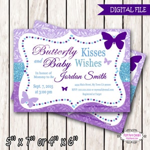 Butterfly Kisses and Baby Wishes Invitation for Baby Shower Purple Teal image 3