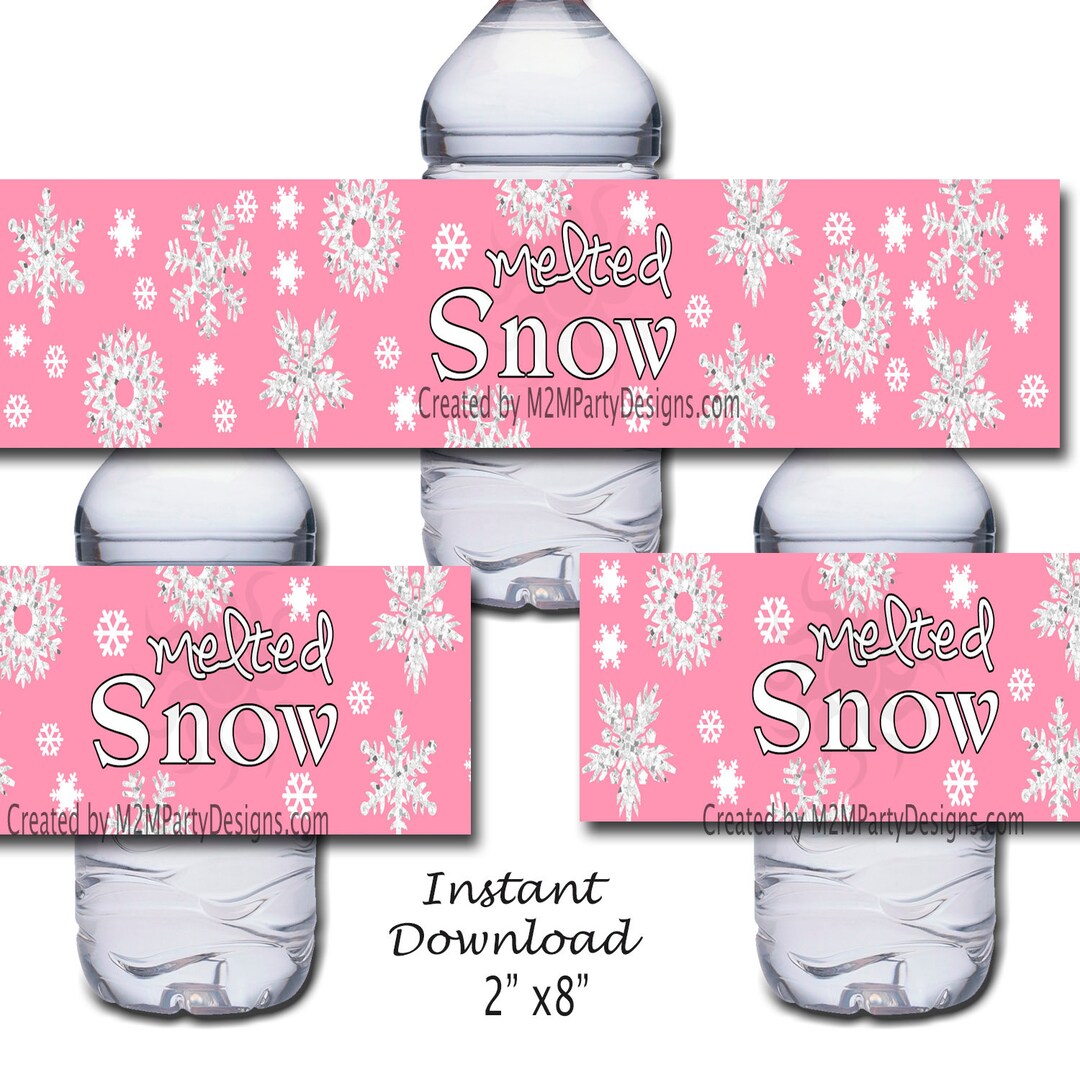 Melted Snow Water Bottle Labels Printable Instant Download Winter Party Christmas/ Pink Silver ...