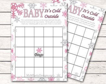 Baby Its Cold Outside Baby Shower Bingo Printable Baby Shower Game Pink Glitter Silver  Instant Download