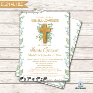 Primera Comunion, Invitations à la première communion - Feuilles et croix vertes, fait pour vous (Fichier numérique) Covid -19