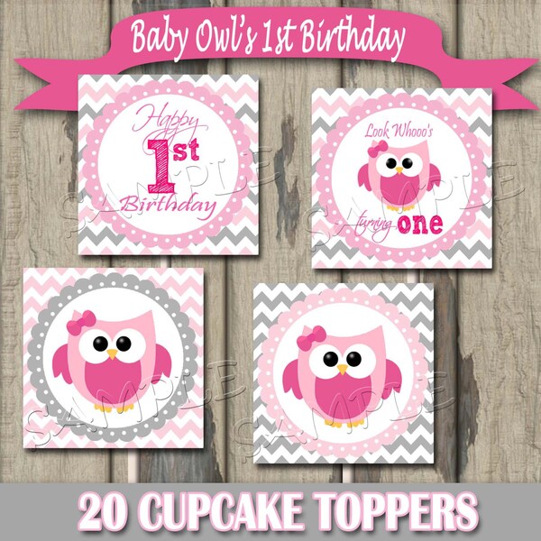 Pink Baby Owl First Birthday Cupcake Toppers, Birthday Favor Tags Printable DIY Set of 20 Instant Download
