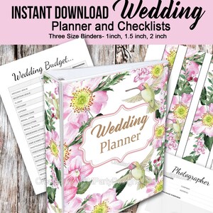 May include: A pink and green floral wedding planner binder with a hummingbird on the cover. The text "Wedding Planner" is in gold lettering on a pink background. The binder is available in three sizes: 1 inch, 1.5 inches, and 2 inches.