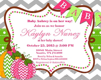 Pumpkin Baby Shower Invitation, Little Girl, Chevron, Pumpking Baby Shower Invites Mom-to-Be Party Printable lil pumpkin baby shower