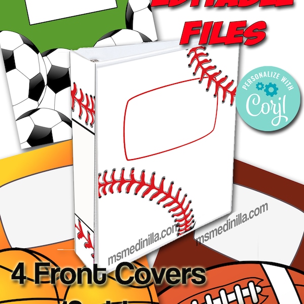 Sports Binder Covers Baseball Football Basketball Soccer. Student. Teacher Editable Printable Set of 4 Instant Download, Edit with Corjl