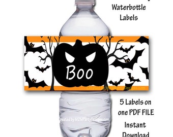 Halloween Black Pumpking Water Bottle Label Wrapper Printable Digital Instant Download SET of 5