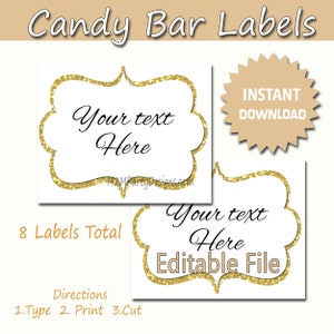 Etichette per buffet di caramelle Viola, stampa oro Carta modificabile, caramelle, popcorn, snack, gelati, etichette per buffet di biscotti, Download istantaneo