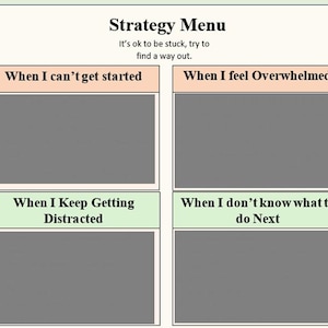Puede incluir: Una plantilla de menú de estrategia con el texto 'Strategy Menu' y 'It's ok to be stuck, try to find a way out.' Incluye cuatro secciones tituladas 'When I can't get started', 'When I feel Overwhelmed', 'When I Keep Getting Distracted' y 'When I don't know what to do Next', cada una con un recuadro gris vacío para notas.