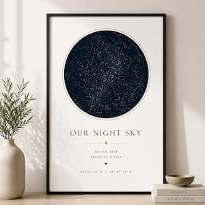 May include: A framed vertical poster featuring a circular dark blue star map enclosed in a thin gold border. The text reads OUR NIGHT SKY, July 14, 2024, Santorini, Greece, and the coordinates 36° 23' 12" N | 25° 27' 36" E with a small heart icon.