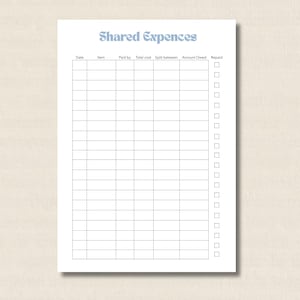 May include: A white paper expense tracker sheet with the title Shared Expenses in blue text. The grid includes columns for Date, Item, Paid by, Total cost, Split between, Amount Owed, and Repaid, with a vertical column of checkboxes on the right.