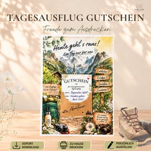 May include: A printable day trip gift voucher featuring a watercolor mountain landscape, a hiking backpack, a camera, and binoculars. The text includes 'TAGESAUSFLUG GUTSCHEIN', 'Heute geht's raus!', 'GUTSCHEIN', 'Bayerischer Wald', 'Wandern gehen', 'April 2027', and 'Abenteuer'.