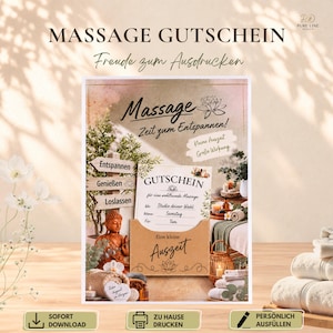 Op de afbeelding: Een printbare massagecadeaubon met de tekst Massage Gutschein, Zeit zum Entspannen en Eine kleine Auszeit. Het ontwerp bevat een Boeddhabeeld, houten bordjes met Entspannen, Genießen, Loslassen en een afbeelding van een spa-omgeving.