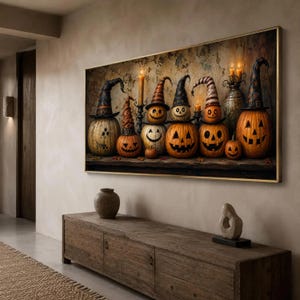 May include: A rectangular wall art print featuring a row of carved orange pumpkins wearing various pointed witch hats. The pumpkins have carved jack-o'-lantern faces, some with lit candles placed between them, set against a textured, aged wall background.