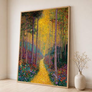 May include: A rectangular framed wall art print featuring a vibrant forest scene with tall, slender trees and a bright yellow path winding through a dense undergrowth of colourful flowers in shades of red, purple, blue, and orange.