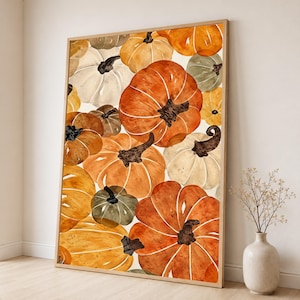 May include: A vertical rectangular wall art print featuring a watercolour illustration of various pumpkins in shades of orange, cream, and muted green. The pumpkins are arranged in a dense, overlapping composition with dark brown stems.