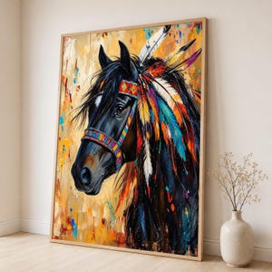 May include: A framed vertical wall art print featuring a black horse with a colourful patterned bridle and a mane adorned with vibrant, multi-coloured feathers. The background is a textured, abstract wash of yellow, orange, and blue paint splatters.