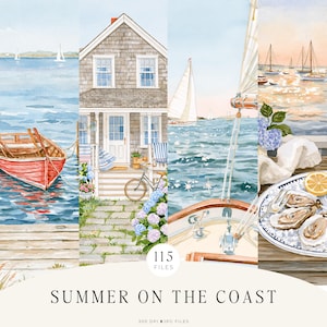 May include: A digital collection titled SUMMER ON THE COAST featuring watercolor illustrations of a red rowboat on water, a shingled house with a bicycle, a sailboat deck view, and a plate of oysters with lemon, totaling 115 files at 300 DPI.