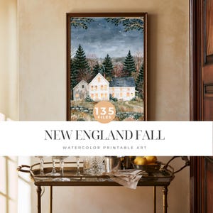 May include: A framed watercolor print titled NEW ENGLAND FALL featuring a white house with glowing windows, surrounded by dark green pine trees and a stone wall under a starry night sky. A circular badge indicates 135 FILES included.