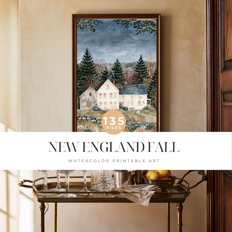 May include: A framed watercolor print titled NEW ENGLAND FALL featuring a white house with glowing windows, surrounded by dark green pine trees and a stone wall under a starry night sky. A circular badge indicates 135 FILES included.