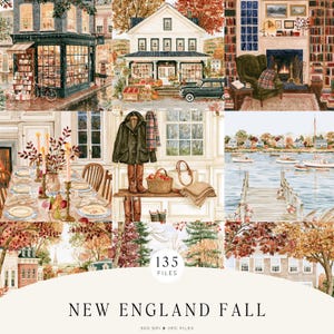 May include: A collection of watercolor illustrations featuring New England fall scenes, including a bookstore, a house, a cozy library, a dining table, autumn clothing, a harbor with boats, and trees, with the text New England Fall 135 Files.