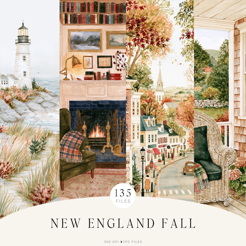 May include: A digital collection of 135 watercolor illustrations titled NEW ENGLAND FALL, featuring a lighthouse, a cozy fireplace with a library, a small town street scene with autumn foliage, and a wicker chair on a porch with a plaid blanket.