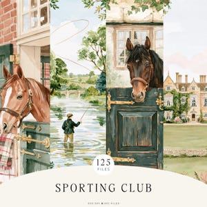May include: A digital collection titled SPORTING CLUB featuring watercolor illustrations of horses in stable stalls, a person fly fishing in a river, and a large manor house. The artwork includes 125 files at 300 DPI in JPG format.