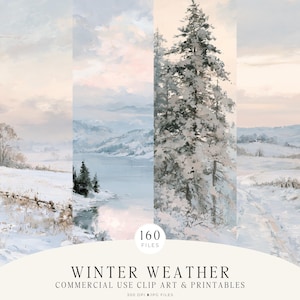 Op de afbeelding: Een digitale collectie van 160 winterlandschapsafbeeldingen met besneeuwde dennenbomen, bevroren meren en heuvels onder pastelkleurige luchten. De tekst luidt Winter Weather Commercial Use Clip Art & Printables 300 DPI JPG Files.