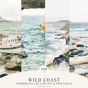 May include: A collection of four watercolor coastal scenes featuring a white boat on a rocky shore, turquoise ocean waves, rugged cliffs, and a sandy beach with dark stones and driftwood. The text reads WILD COAST COMMERCIAL USE CLIP ART & PRINTABLES.