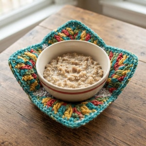 Può includere: Una ciotola rotonda in ceramica riempita di farina d'avena è posizionata all'interno di un copriciotola quadrato all'uncinetto. Il copriciotola presenta un motivo in filato testurizzato multicolore nei toni ottanio, giallo senape e rosso.