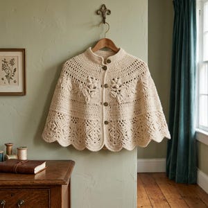 May include: A cream-colored crochet capelet featuring a high neckline, a front button closure with five dark buttons, and intricate floral motifs integrated into the stitch pattern. The garment has a scalloped hemline and a textured knit design.