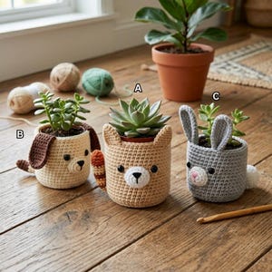 May include: Three crochet plant pot covers shaped like animals, labeled A, B, and C. Pot B is a cream dog with brown ears and tail. Pot A is a tan fox with pointed ears. Pot C is a gray rabbit with long ears and a white tail, each holding a succulent.