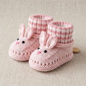 Puede incluir: Un par de patucos de punto de color rosa claro con diseño de cara de conejo, dos orejas erguidas, ojos de cuentas negras y una pequeña nariz bordada en rosa. Los puños tienen un patrón de cuadros blancos y rosas y la puntera es calada.