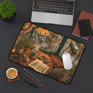 May include: A rectangular mouse pad featuring a detailed illustration of a cozy cafe interior overlooking a rainy city street. The scene includes a wooden table with a steaming mug, a pastry on a plate, and an open book, set against a window view.