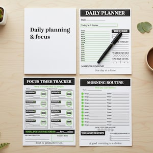 Puede incluir: Cuatro hojas de planificación de papel blanco con texto y gráficos en negro y verde. Las hojas incluyen Daily Planner, Daily planning & focus, Focus Timer Tracker y Morning Routine. Un bolígrafo negro descansa sobre la hoja Daily Planner.