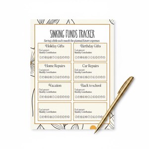 Puede incluir: Una hoja de seguimiento de fondos de reserva con bordes dorados y detalles florales en líneas negras. El documento incluye el texto SINKING FUNDS TRACKER y secciones para Holiday Gifts, Birthday Gifts, Home Repairs, Car Repairs, Vacation y Back to school, junto a un bolígrafo dorado.
