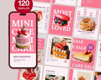 May include: A digital marketing template set for social media featuring 120 pink-themed layouts for a bakery. The main smartphone display shows a mini cake with white and pink layers topped with berries and the text MINI CAKE MINI MOMENTS.