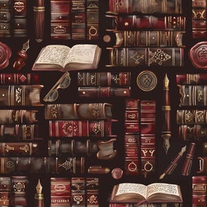 Puede incluir: Un patrón repetitivo que presenta libros antiguos de color rojo oscuro y marrón con detalles dorados en relieve, libros abiertos con texto manuscrito, plumas estilográficas y sellos de cera circulares sobre un fondo oscuro con objetos literarios.
